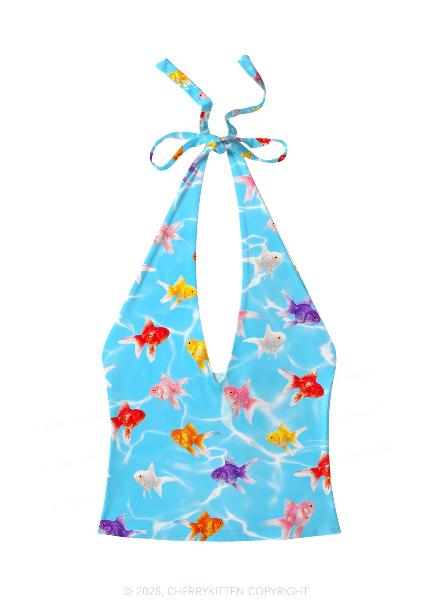 Water Ripple Goldfish Y2K Print Halter Deep V Neck Cami Cherrykitten