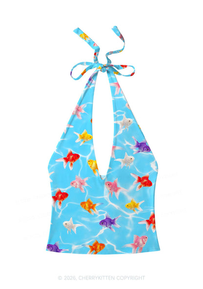 Water Ripple Goldfish Y2K Print Halter Deep V Neck Cami Cherrykitten