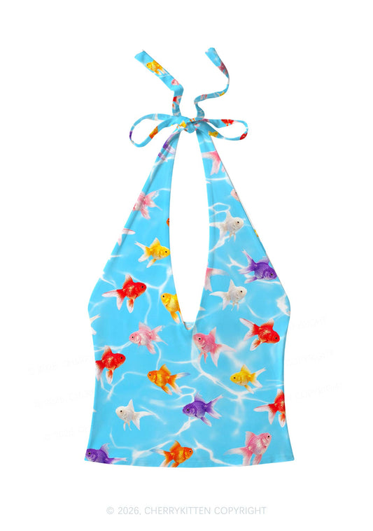 Water Ripple Goldfish Y2K Print Halter Deep V Neck Cami Cherrykitten