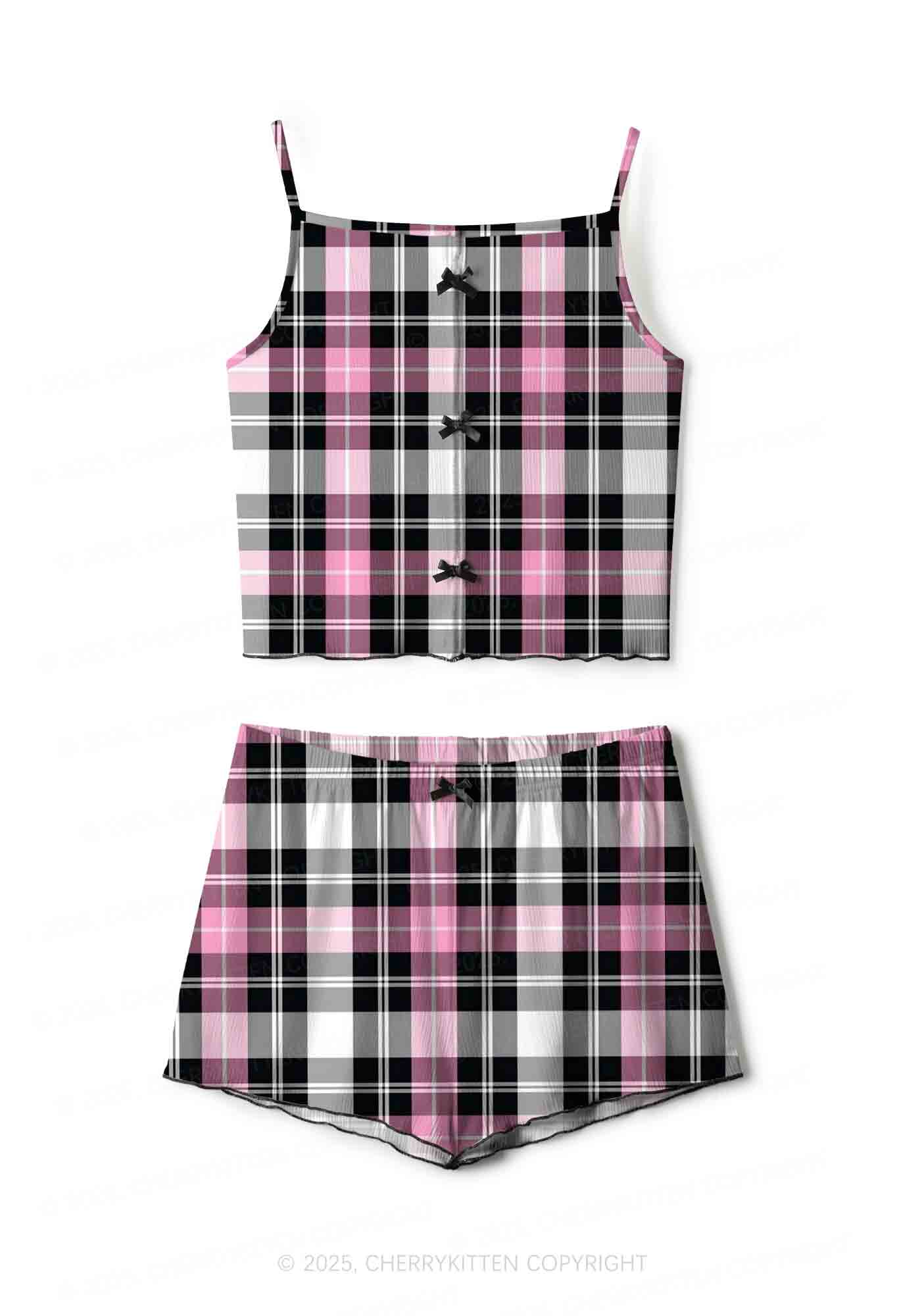 Pink And White Plaid Y2K Print Cami Shorts Pajama Set Cherrykitten