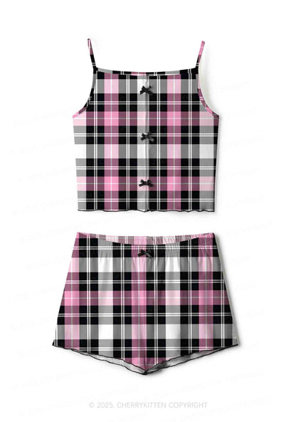 Pink And White Plaid Y2K Print Cami Shorts Pajama Set Cherrykitten