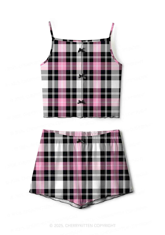 Pink And White Plaid Y2K Print Cami Shorts Pajama Set Cherrykitten