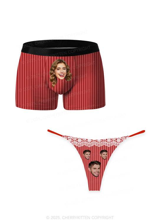 Custom Face Red Stripes Valentine's Day Y2K Print Couples Boxer Thong Set Cherrykitten
