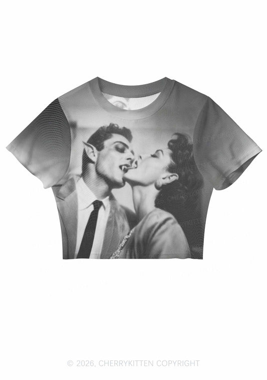 Halloween Vampire Couple Y2K Mesh Crop Top Cherrykitten