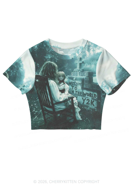 Halloween Graveyard Doll Y2K Mesh Crop Top Cherrykitten