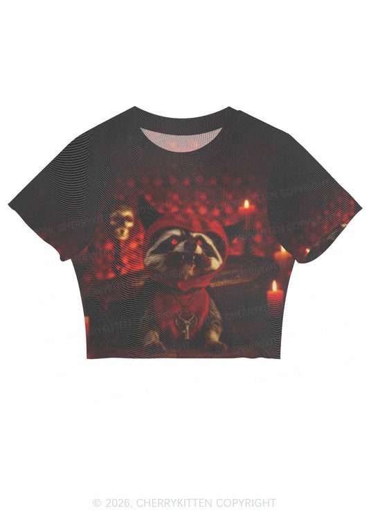 Halloween Vampire Raccoon Y2K Mesh Crop Top Cherrykitten