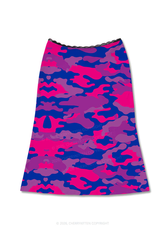 Bisexual Camouflage Pride Y2K Print Midi Skirt Cherrykitten