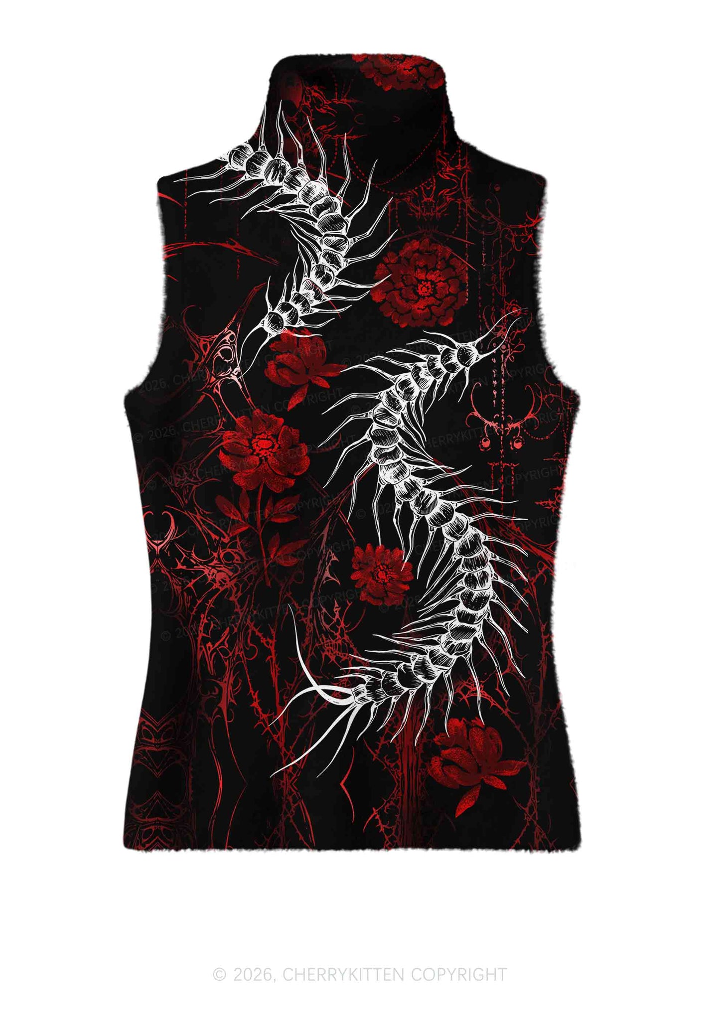 Halloween Centipede Red Floral Y2K Knit Turtleneck Tank Top Cherrykitten