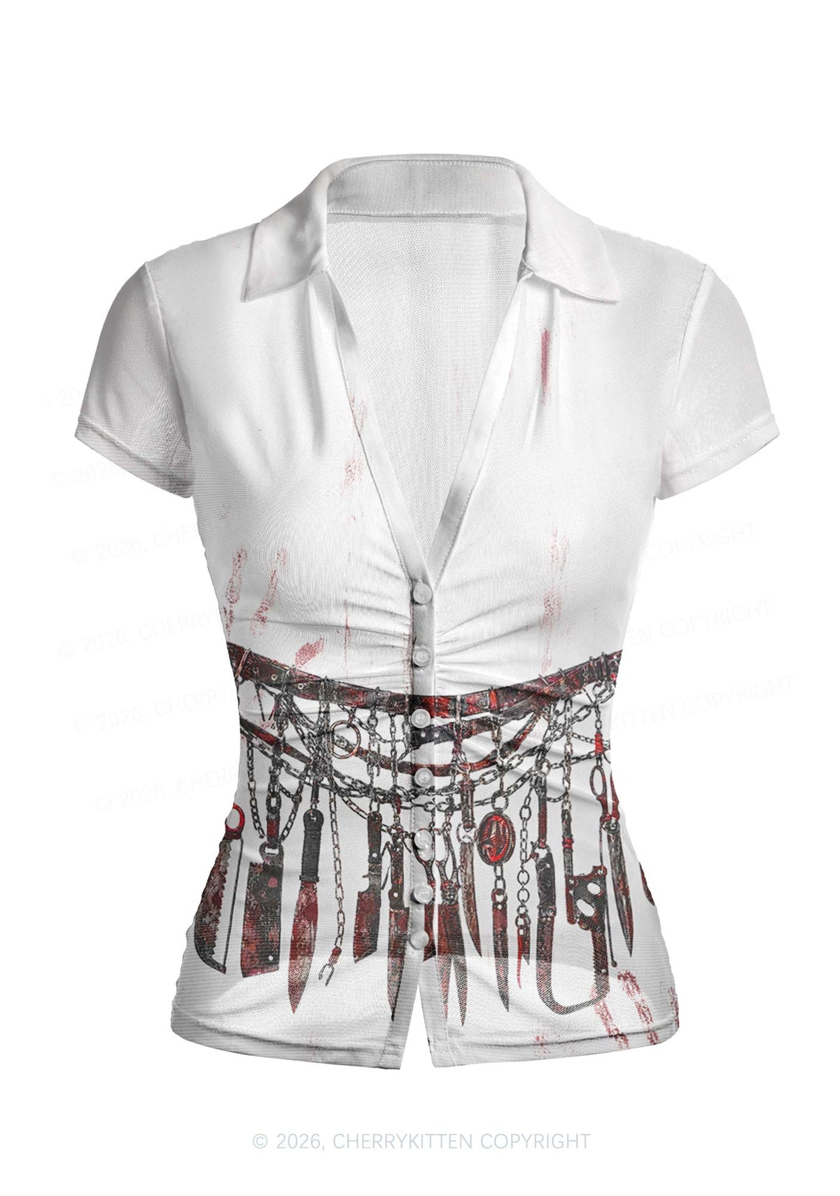 Halloween Bloody Weapon Chains Y2K Mesh Ruched Waist V Neck Top Cherrykitten