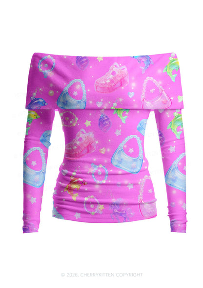 Hot Pink Jelly Charms Y2K Off Shoulder Fold Over Knit Top Cherrykitten
