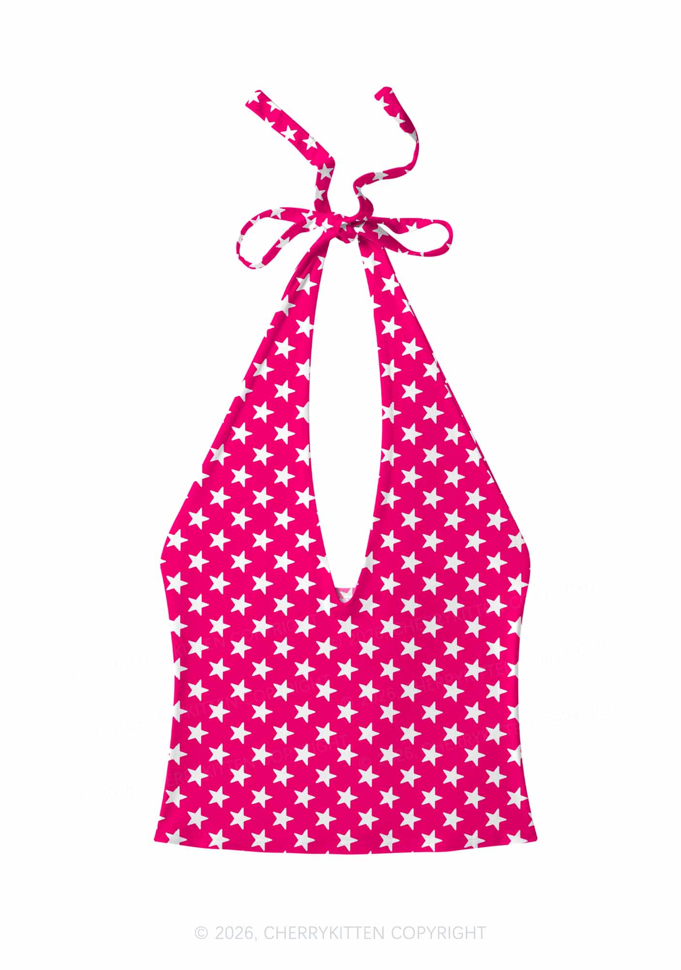 White Stars On Pink Y2K Print Halter Deep V Neck Cami Cherrykitten