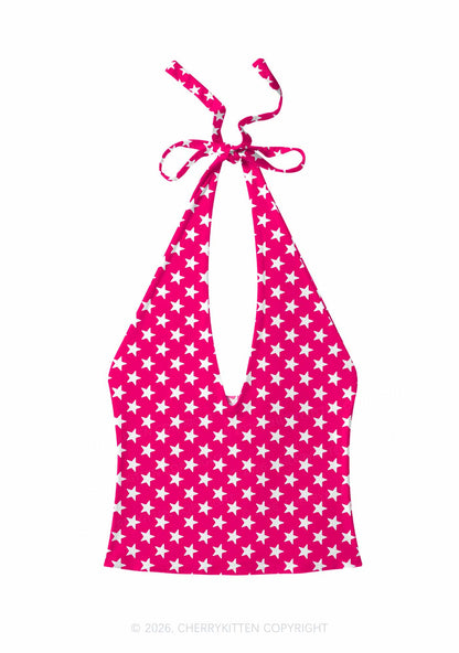 White Stars On Pink Y2K Print Halter Deep V Neck Cami Cherrykitten