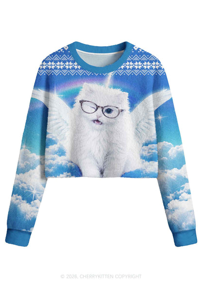 White Angel Glasses Cat Y2K Crop Knit Sweatshirt Cherrykitten