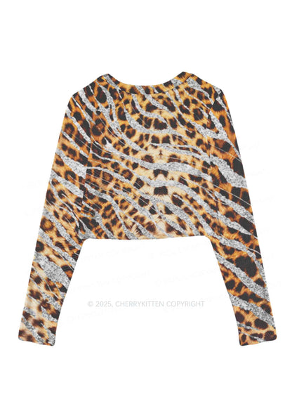 Silver Glitter Leopard Y2K Mesh Long Sleeve Crop Top Cherrykitten