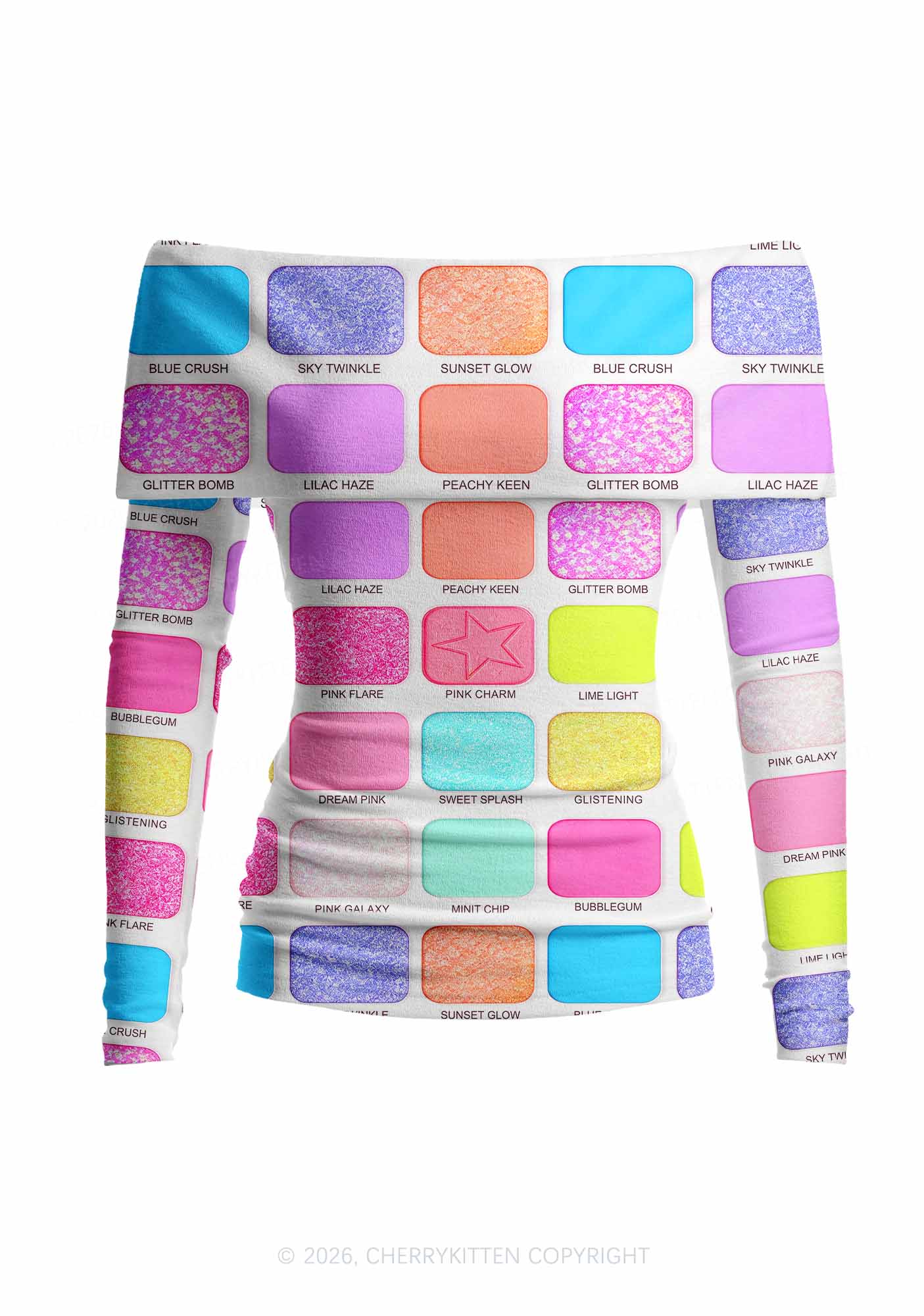 Faux Eyeshadow Palette Y2K Off Shoulder Fold Over Knit Top Cherrykitten