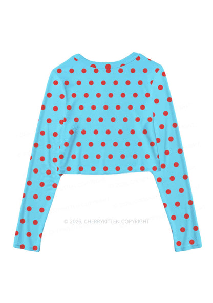 Red Dots On Blue Y2K Mesh Long Sleeve Crop Top Cherrykitten
