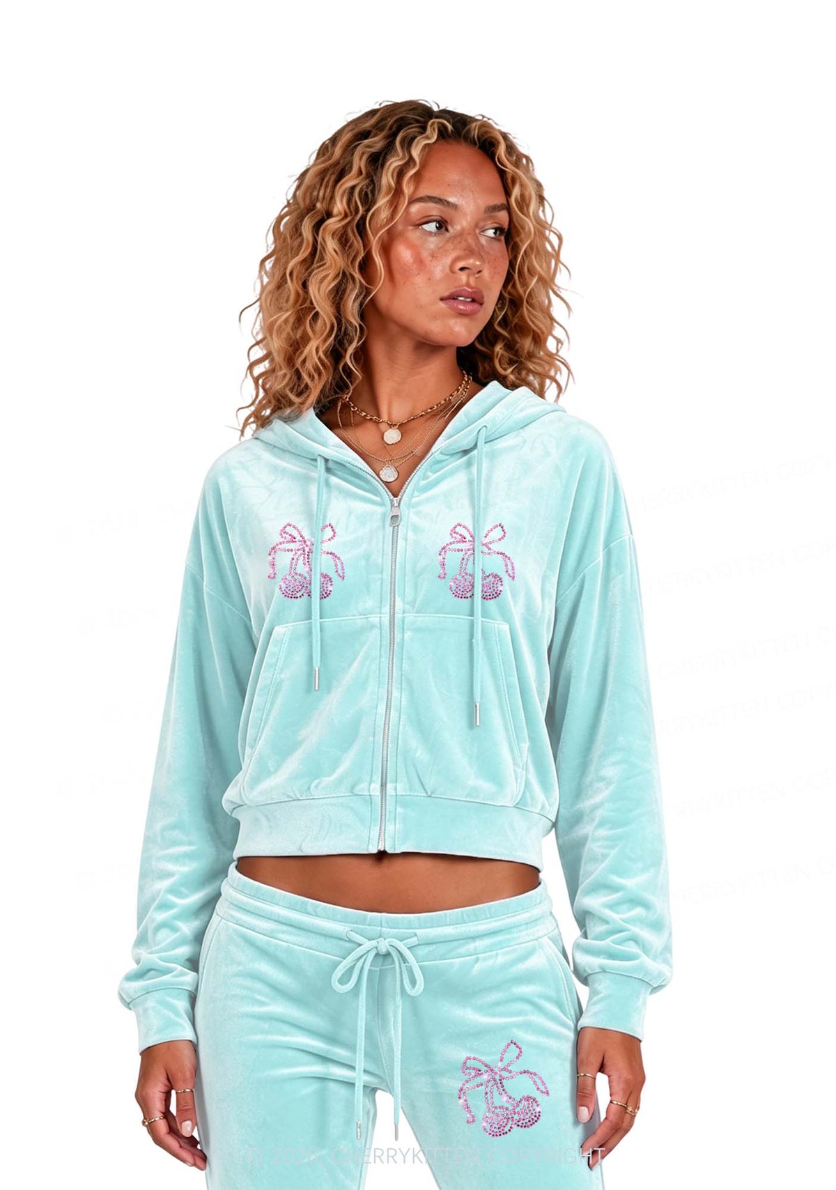 Rhinestone Pink Cherry Y2K Velvet Tracksuit Set Cherrykitten