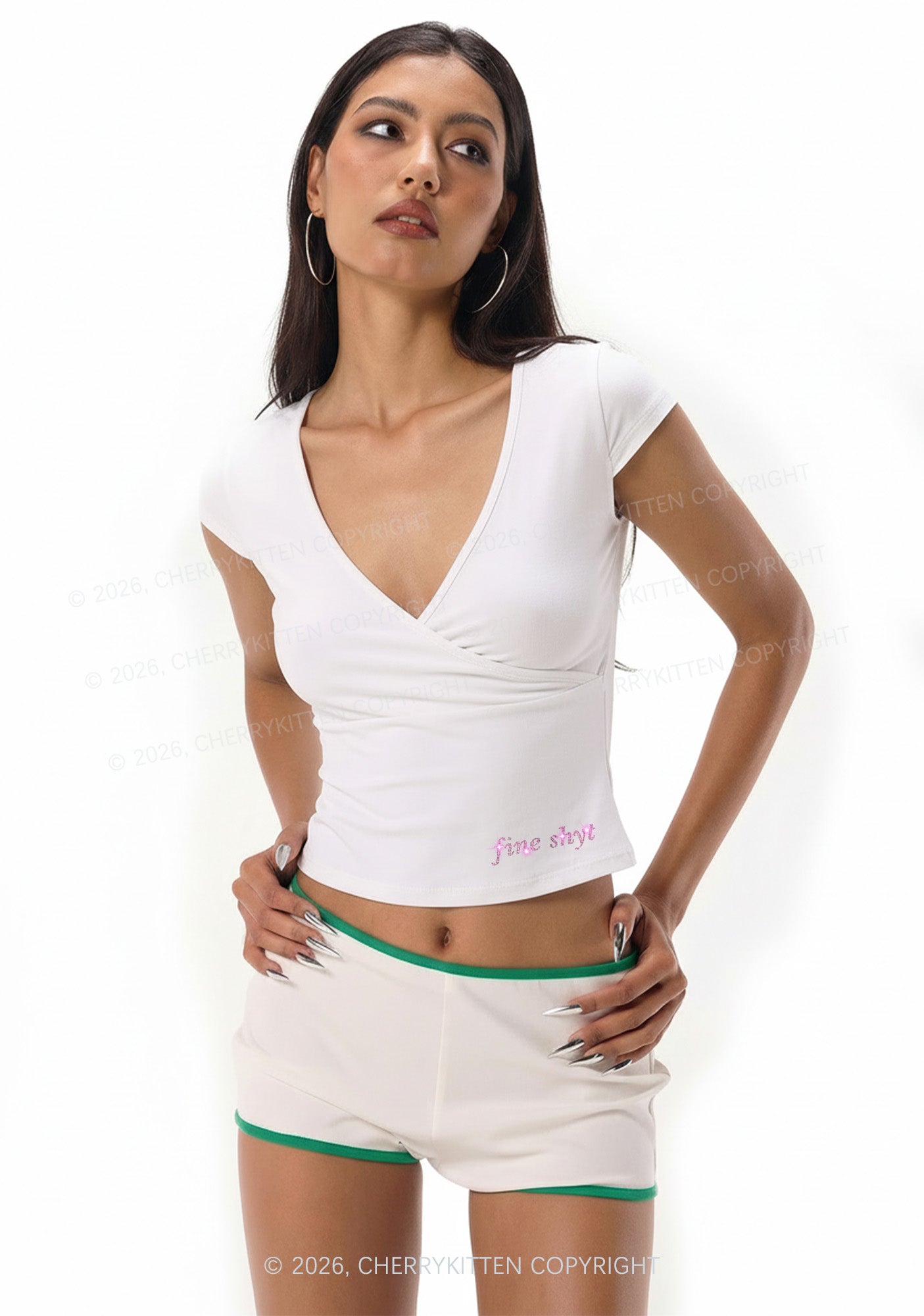 Rhinestone Fine Shyt Y2K Wrap V Neck T Shirts Cherrykitten