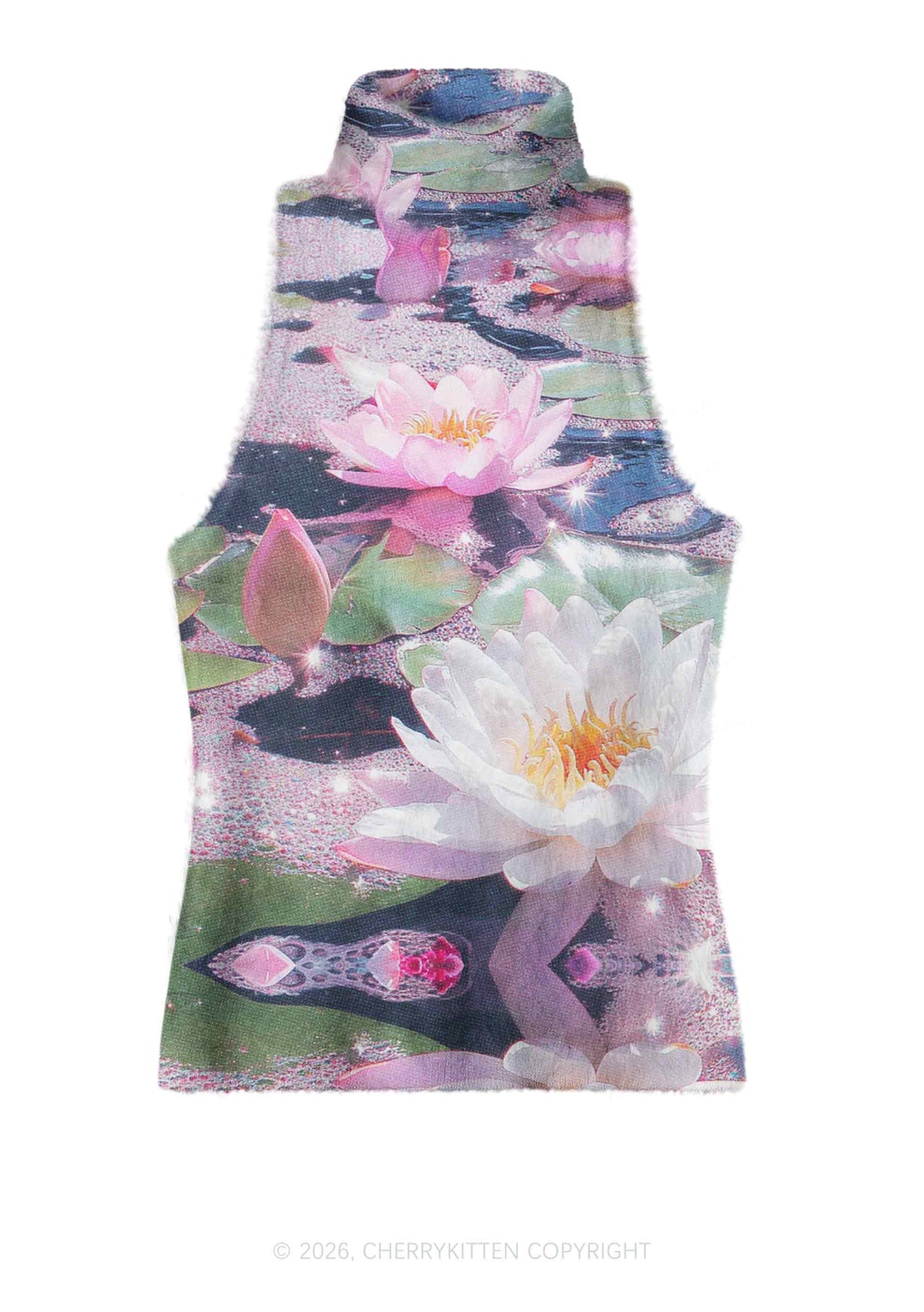 Glitter Lotus Y2K Knit Turtleneck Tank Top Cherrykitten