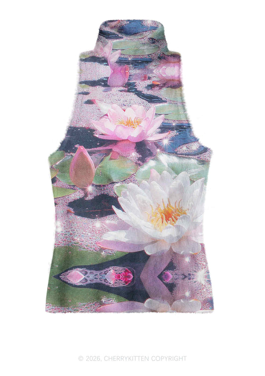 Glitter Lotus Y2K Knit Turtleneck Tank Top Cherrykitten
