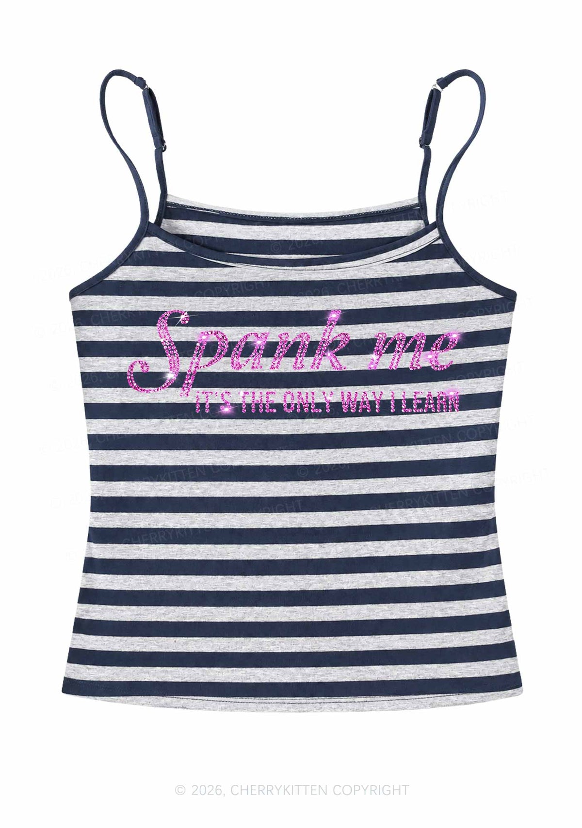 Rhinestone Spank Me Y2K Navy Grey Striped Spaghetti Strap Cami Cherrykitten