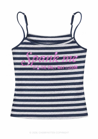 Rhinestone Spank Me Y2K Navy Grey Striped Spaghetti Strap Cami Cherrykitten