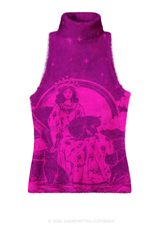 Magical Lady With Cats Y2K Knit Turtleneck Tank Top Cherrykitten