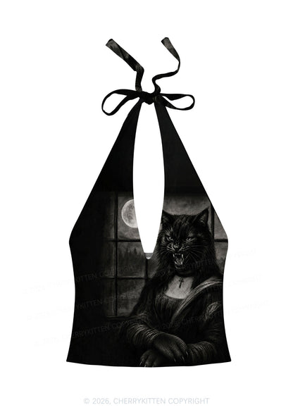 Halloween Moon Night Werewolf Y2K Print Halter Deep V Neck Cami Cherrykitten