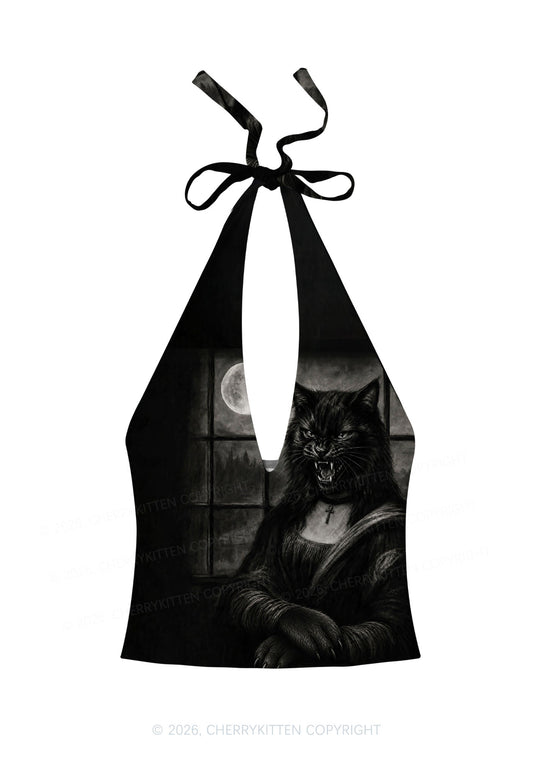 Halloween Moon Night Werewolf Y2K Print Halter Deep V Neck Cami Cherrykitten