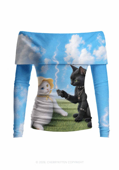 White Cat Smoking Y2K Off Shoulder Fold Over Knit Top Cherrykitten