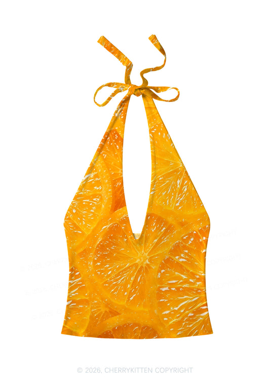 Orange Slice Y2K Print Halter Deep V Neck Cami Cherrykitten