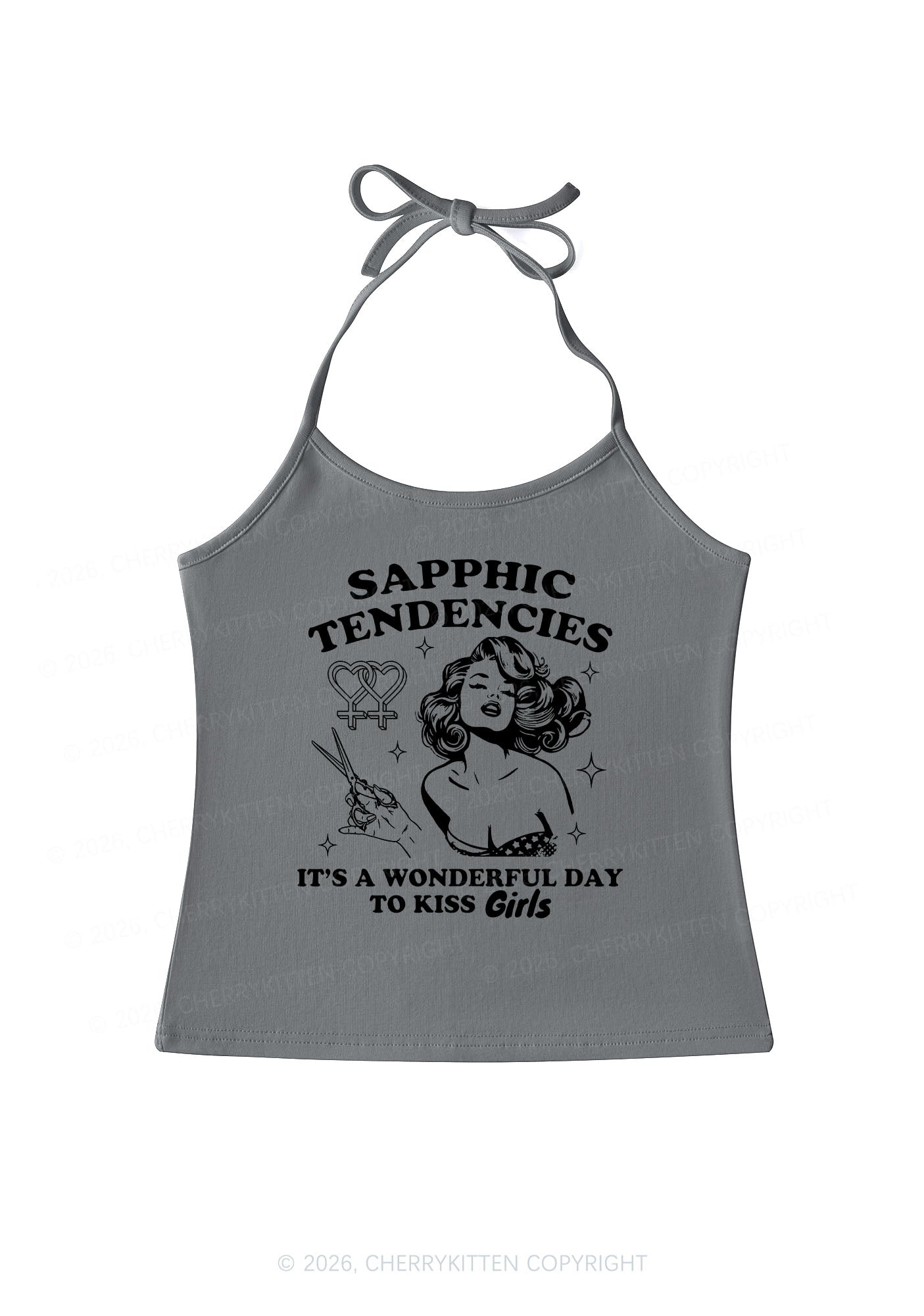 Sapphic Tendencies Kiss Girls Pride Y2K Halter Neck Cami Cherrykitten