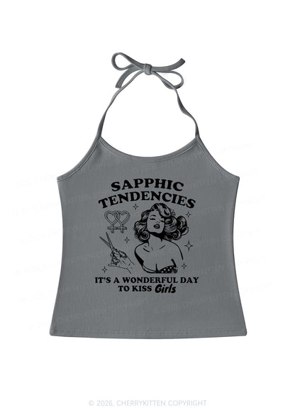 Sapphic Tendencies Kiss Girls Pride Y2K Halter Neck Cami Cherrykitten
