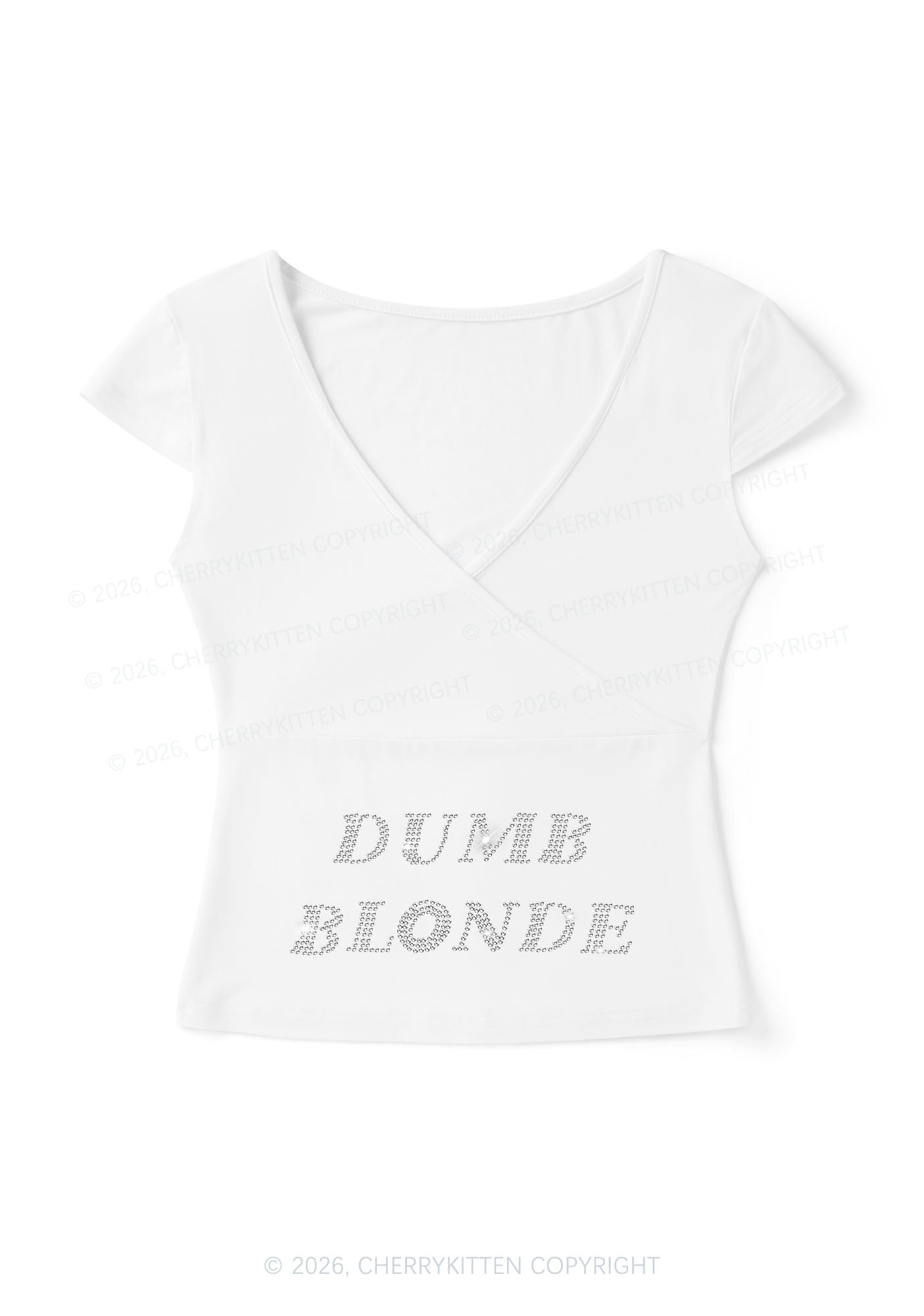 Rhinestone Dumb Blonde Y2K Wrap V Neck T Shirts Cherrykitten