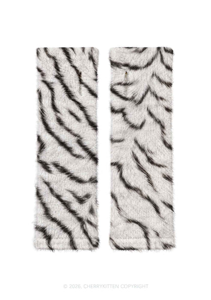 White Tiger Stripe Y2K Print Fuzzy Arm Warmers Cherrykitten