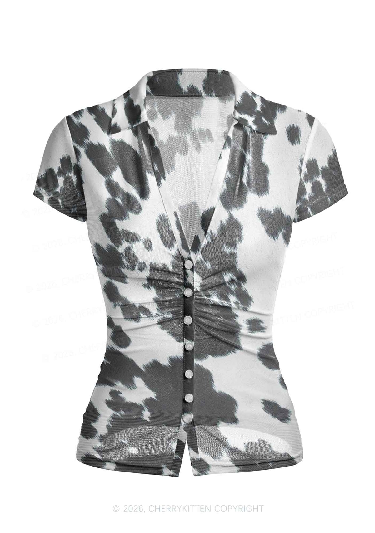Black And White Cow Dots Y2K Mesh Ruched Waist V Neck Top Cherrykitten