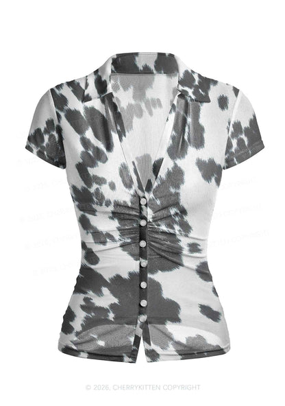 Black And White Cow Dots Y2K Mesh Ruched Waist V Neck Top Cherrykitten
