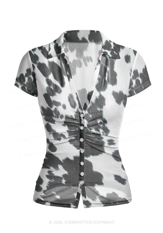Black And White Cow Dots Y2K Mesh Ruched Waist V Neck Top Cherrykitten