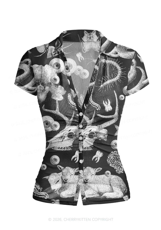 Halloween Dark Sheep Bone Y2K Mesh Ruched Waist V Neck Top Cherrykitten