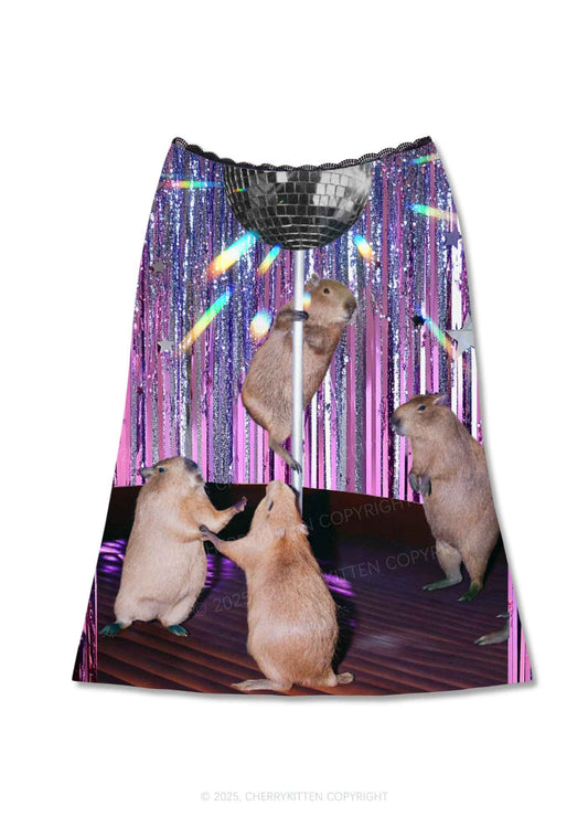 Capybaras Disco Night Y2K Print Midi Skirt Cherrykitten