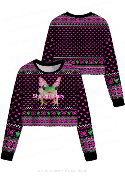 Fairy Frog Y2K Christmas Crop Knit Sweatshirt Cherrykitten