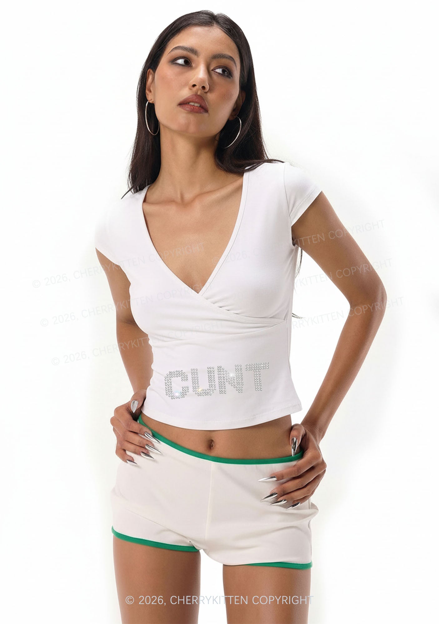 Rhinestone Cxxt Y2K Wrap V Neck T Shirts Cherrykitten