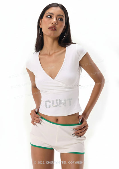 Rhinestone Cxxt Y2K Wrap V Neck T Shirts Cherrykitten