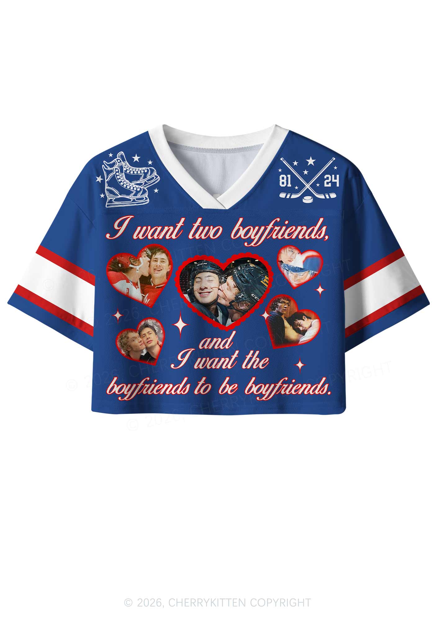 Blue I Want Two Boyfriends HR Y2K Crop Sport Jersey Shirts Cherrykitten