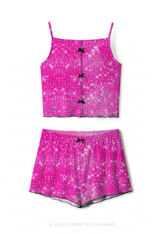 Shiny Pink Y2K Print Cami Shorts Pajama Set Cherrykitten