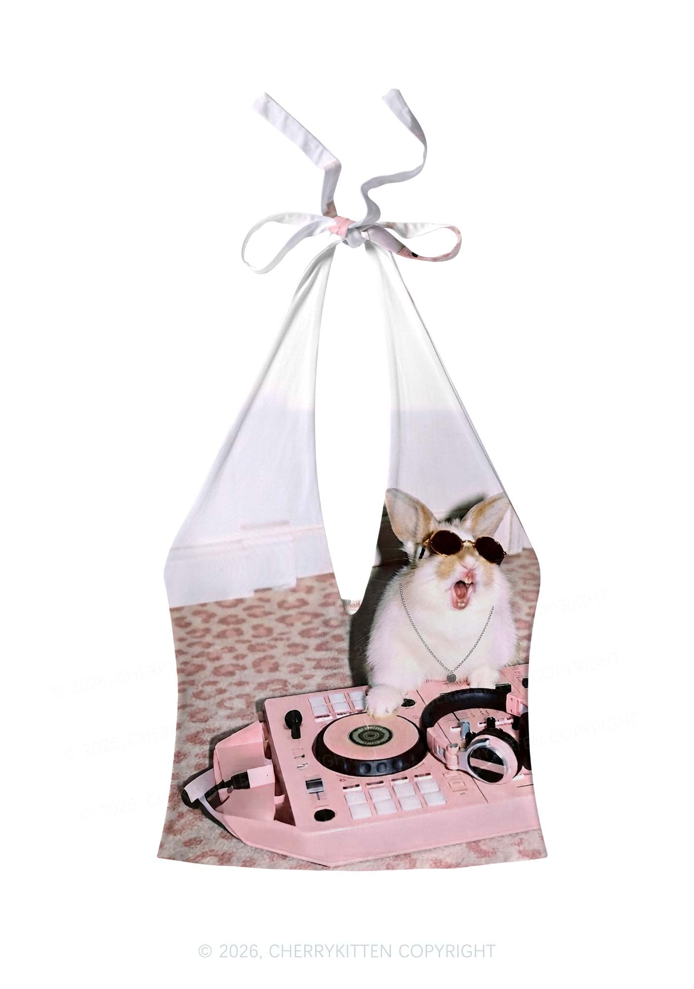 Dj Bunny Y2K Print Halter Deep V Neck Cami Cherrykitten