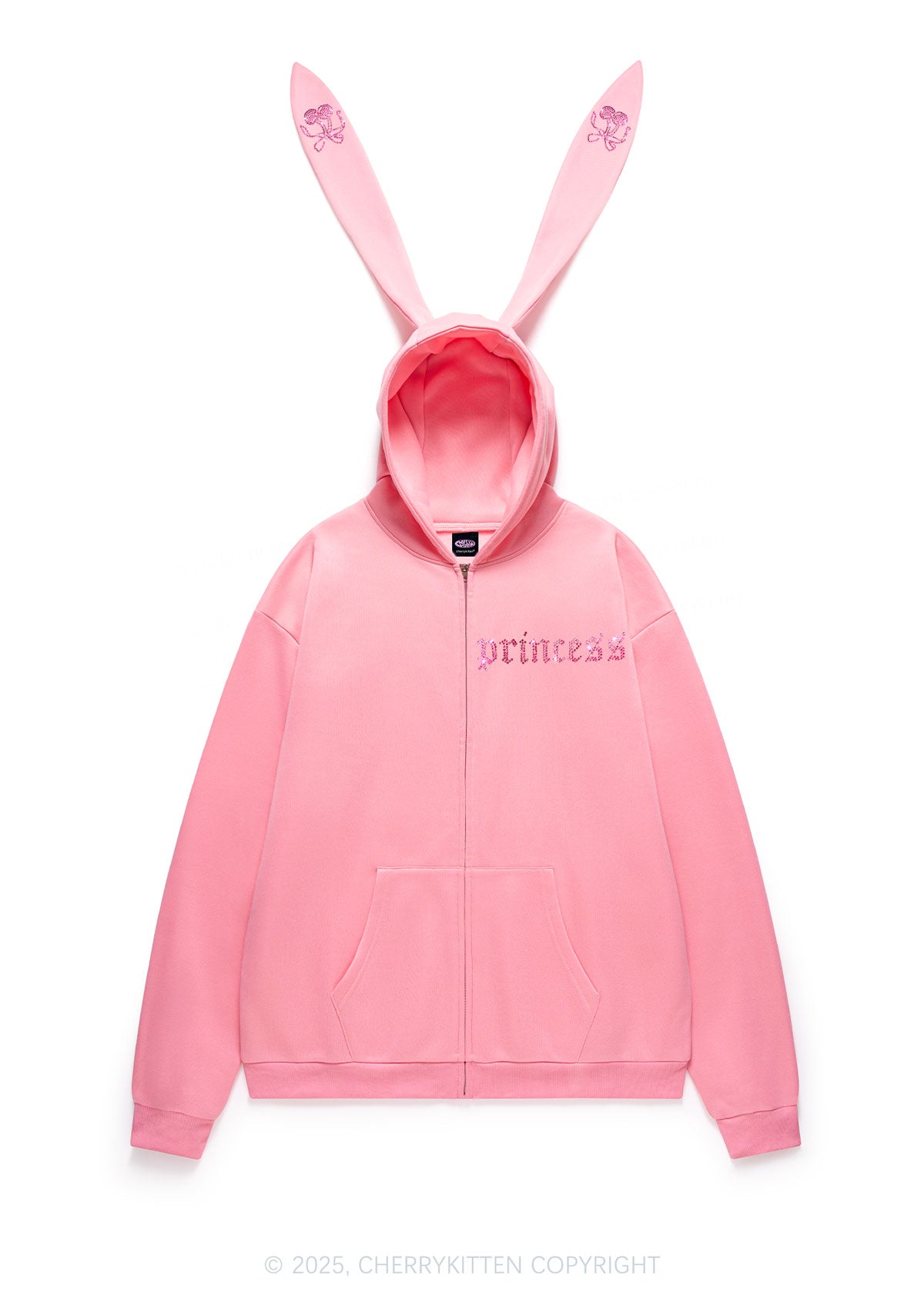 Rhinestone Princess Y2K Bunny Ear Zip Hoodie Cherrykitten