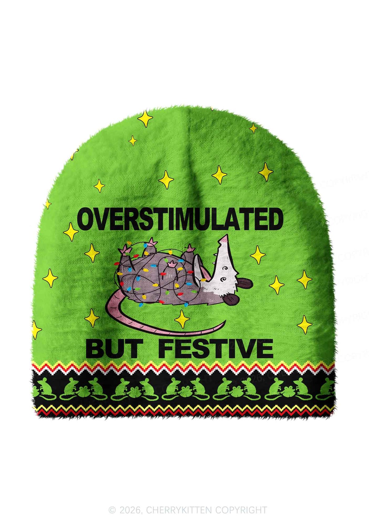 Overstimulated But Festive Y2K Print Knit Beanie Cherrykitten