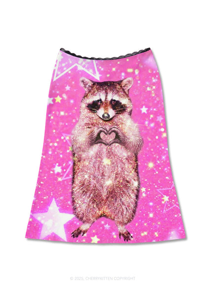 Sparkly Raccoon Heart Valentine's Day Y2K Print Midi Skirt Cherrykitten