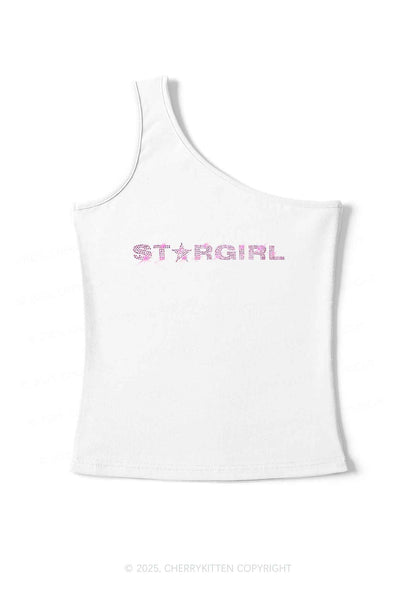 Rhinestone Red Stargirl Y2K One Shoulder Tank Top Cherrykitten